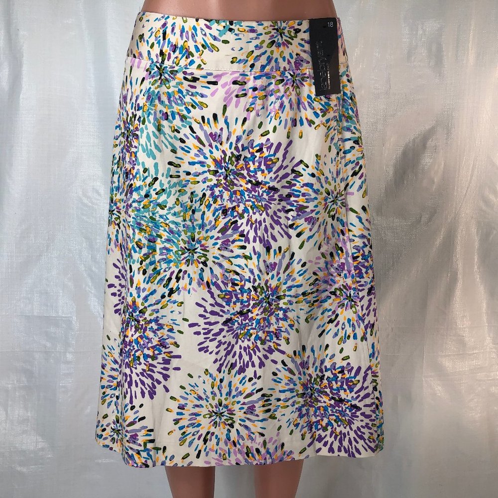 Lane Bryant Cream Midi Skirt with Purple, Blue & Teal Burst Print